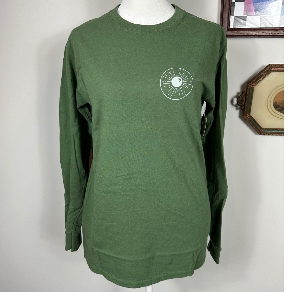 Olive Green‎ Long Sleeve Shirt with White Sun & Moon Graphics Upycle Fall Casual